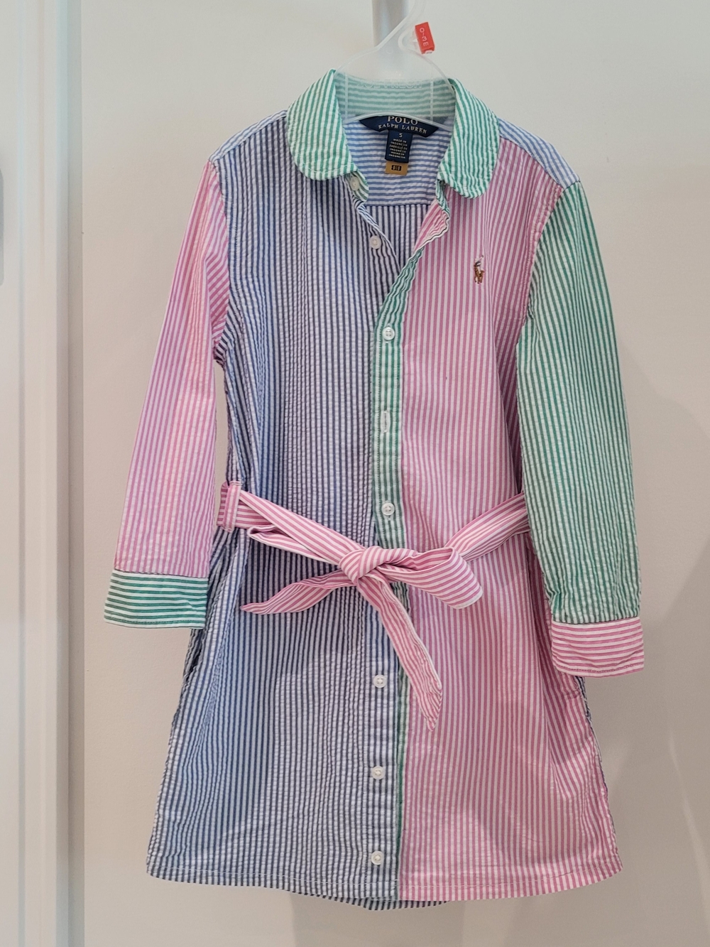 Ralph Lauren Multi-Striped Seersucker Shirt Dress in Pink, Blue & Green